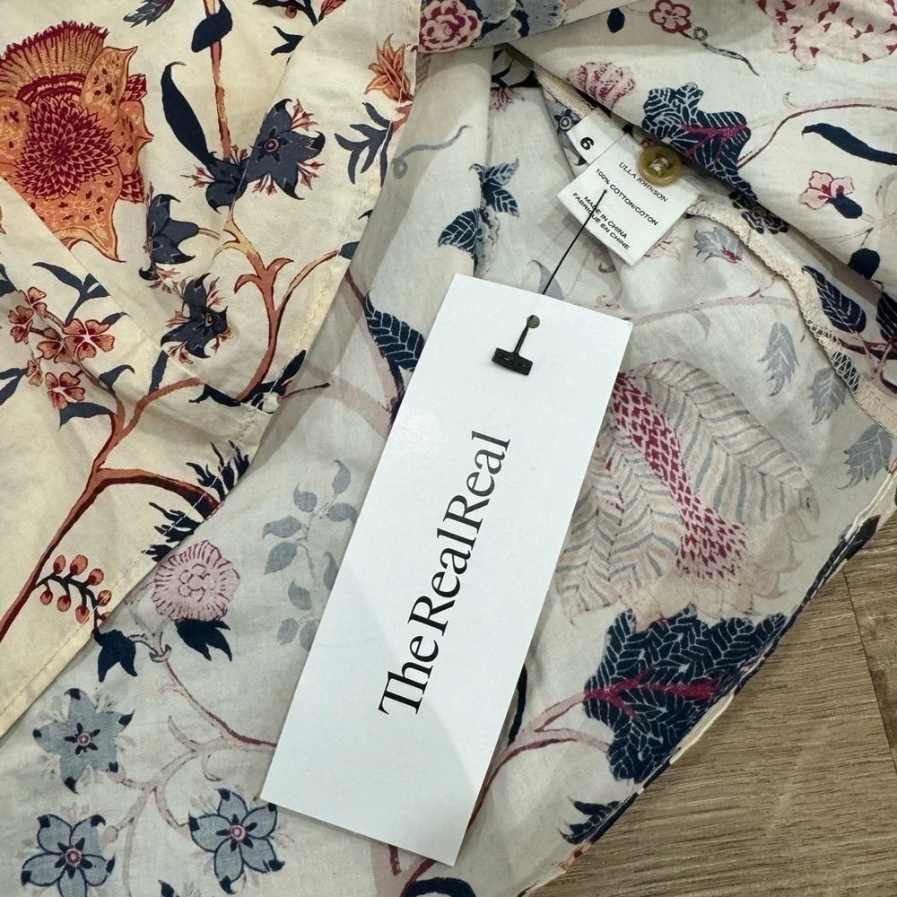 Ulla Johnson Cream Floral Puff-Sleeve Blouse with Navy and Rust Motif